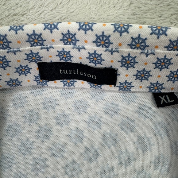 Turtleson Mens XL Polo Shirt Short Sleeve Nautical Helm Print White Golf Casual - Picture 3 of 8